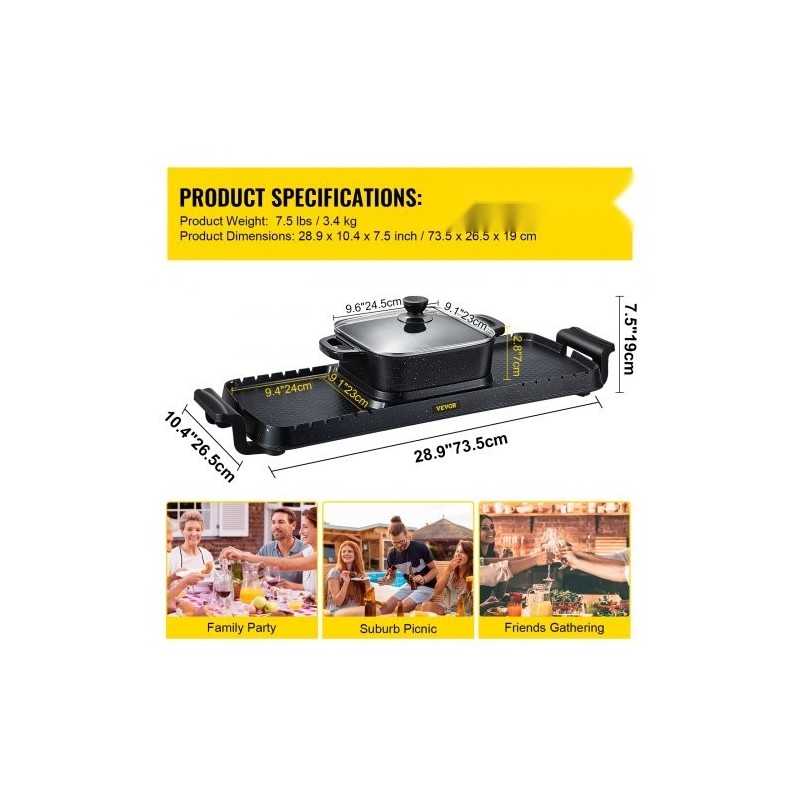 Sähkögrilli ja keittopata valettu alumiini tarttumaton 2,8 l 2400W kaksinkertainen säätö