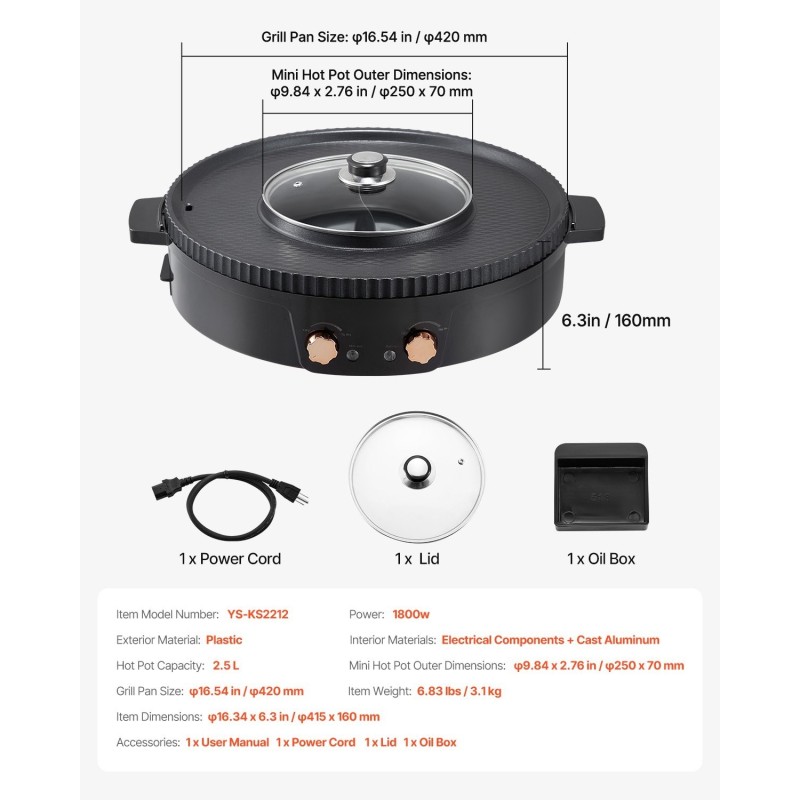 Sähköinen grilli ja kuumapata 2,5 l 1800 W erillisillä säätimillä 2–8 hengelle