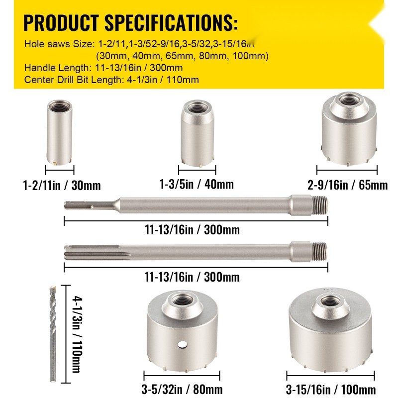 Reikäsahasarja hiiliteräs 30–100 mm 5 kpl seinille SDS Plus ja SDS Max