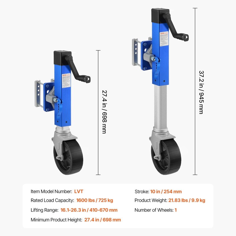 Perävaunun tunkki alumiiniseos 725 kg kantavuus pulttikiinnitys kääntyvä yksipyörä 10 tuuman nostokorkeus