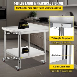 Ruostumaton valmistelupöytä 61x38x89cm ylätaso 150kg alatasohylly 50kg 4 pyörää