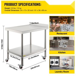 Ruostumaton valmistelupöytä 61x38x89cm ylätaso 150kg alatasohylly 50kg 4 pyörää