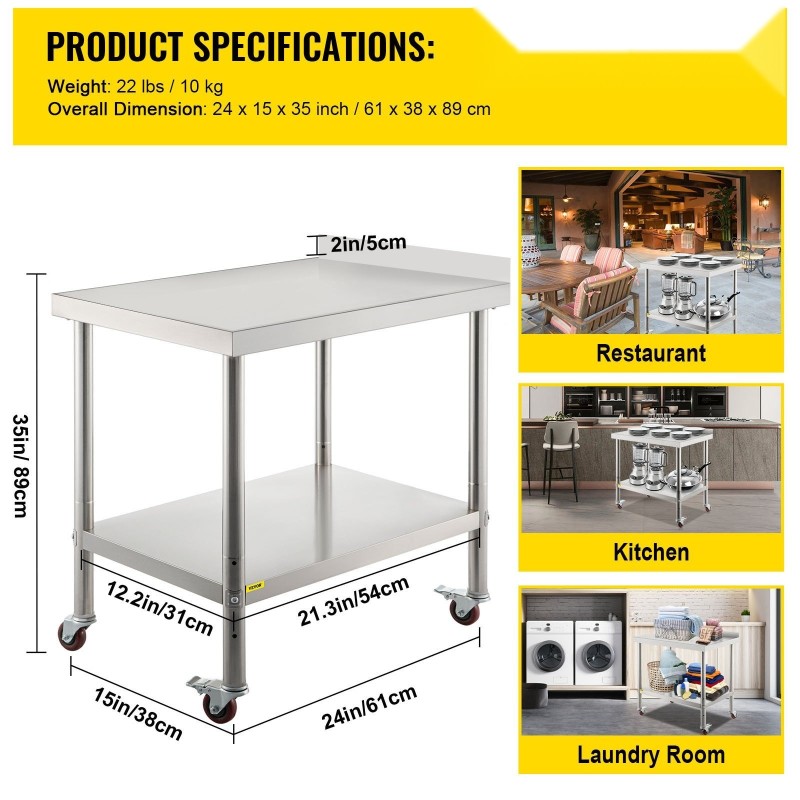 Ruostumaton valmistelupöytä 61x38x89cm ylätaso 150kg alatasohylly 50kg 4 pyörää