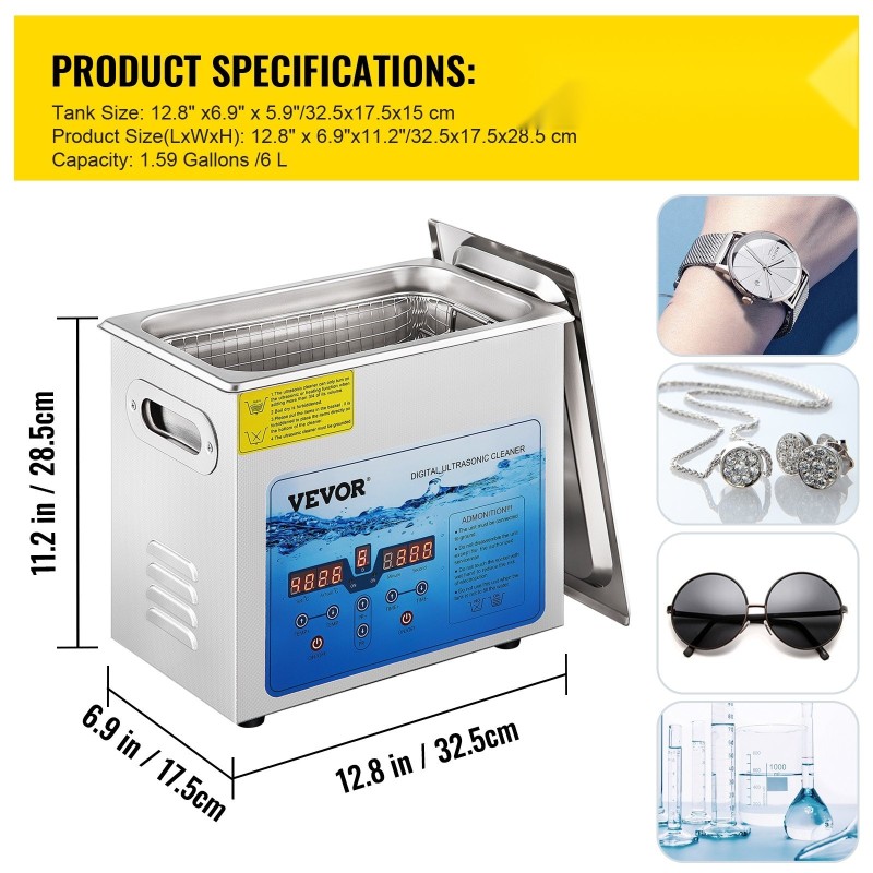 Ultraäänipesuri 304-ruostumaton teräs 6 litraa säädettävä 36–40 kilohertsiä digitaalinen ajastin