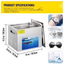 Ultraäänipesuri 15 litraa 304 ruostumatonta terästä säädettävä 36–40 kilohertsiä ajastin lämmitys