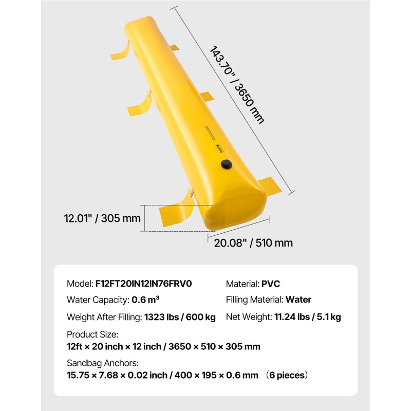 Vesitäytettävä tulvapato teollisuusluokan pressumateriaali 3,66 m pituus 51 cm korkeus ovien eteen