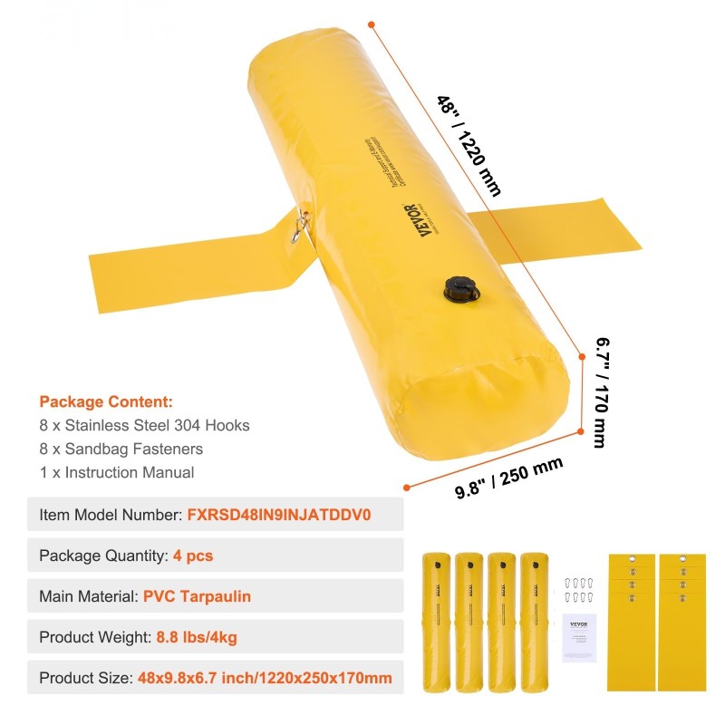 Tulvapussit uudelleenkäytettävät PVC-peitteiset 122×25×17 cm 4 kpl oviaukkoihin ajoteille