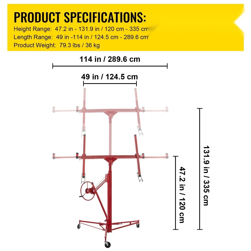 Kipsilevyjen nostin hiiliteräs säädettävä 120–335 cm 68kg kantavuus 122x488cm