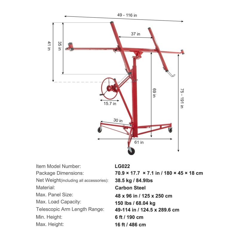 Kipsilevynostin hiiliteräs 68 kg kantokyky säädettävä korkeus 190-435 cm 122x488 cm