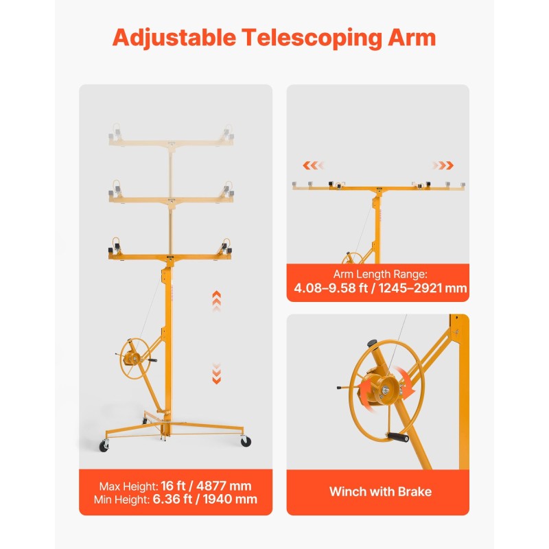 Kipsilevynostin teräsrunko enimmäiskorkeus 4877 mm kantavuus 68 kg teleskooppivarsi lukittavat pyörät