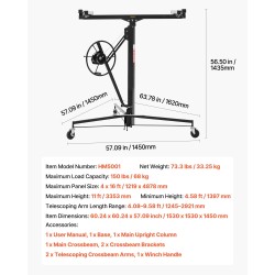 Kipsilevynostin teräsrunkoinen 68 kg kantavuus säädettävä teleskooppivarsi 3353 mm korkeus lukittavat pyörät