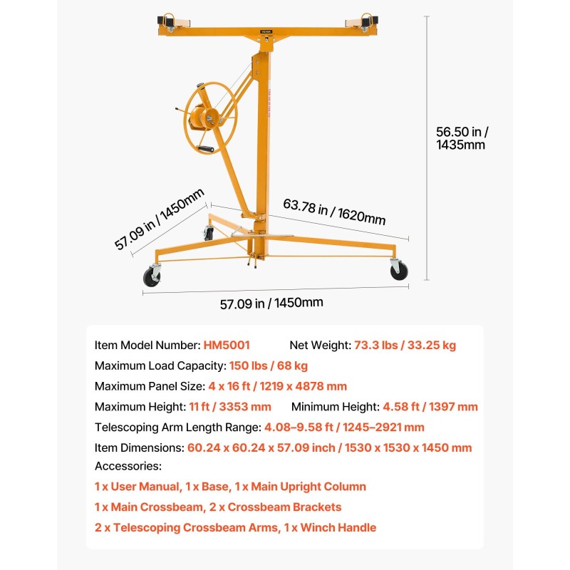 Kipsilevynostin teräs 68 kg 3353 mm teleskooppivarsi lukittavat pyörät
