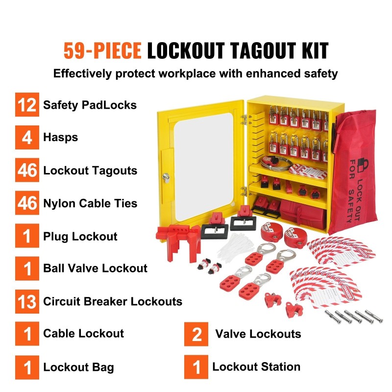 Lukitus ja merkintäsarja 59 osaa keltainen ripustettava laatikko 12 termoplastista turvalukkoa