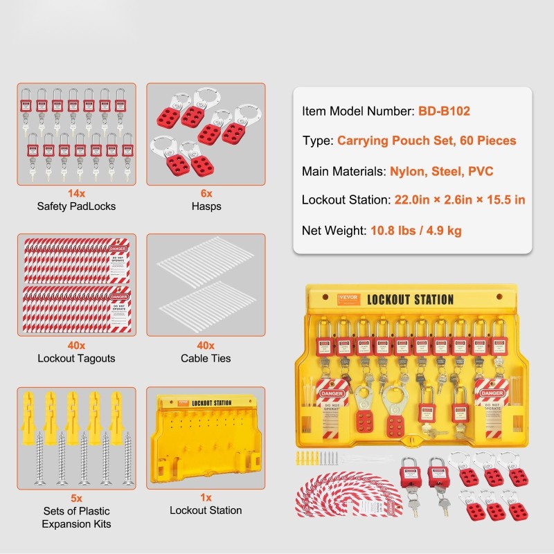 Sähkölukitus ja merkintäsarja 60 osaa 14 turvalukkoa nailon teräs ripustettava lukitusasemataulu