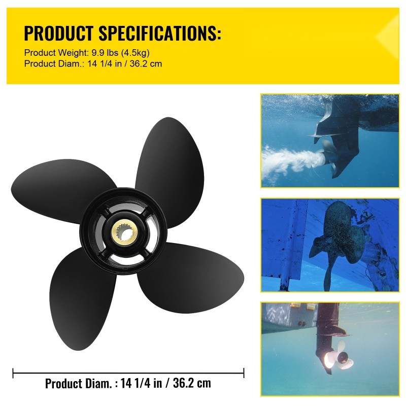 Perämoottorin potkuri alumiiniseos 4 lapaa 36,2 senttimetriä 19 tuuman nousu oikeakätinen