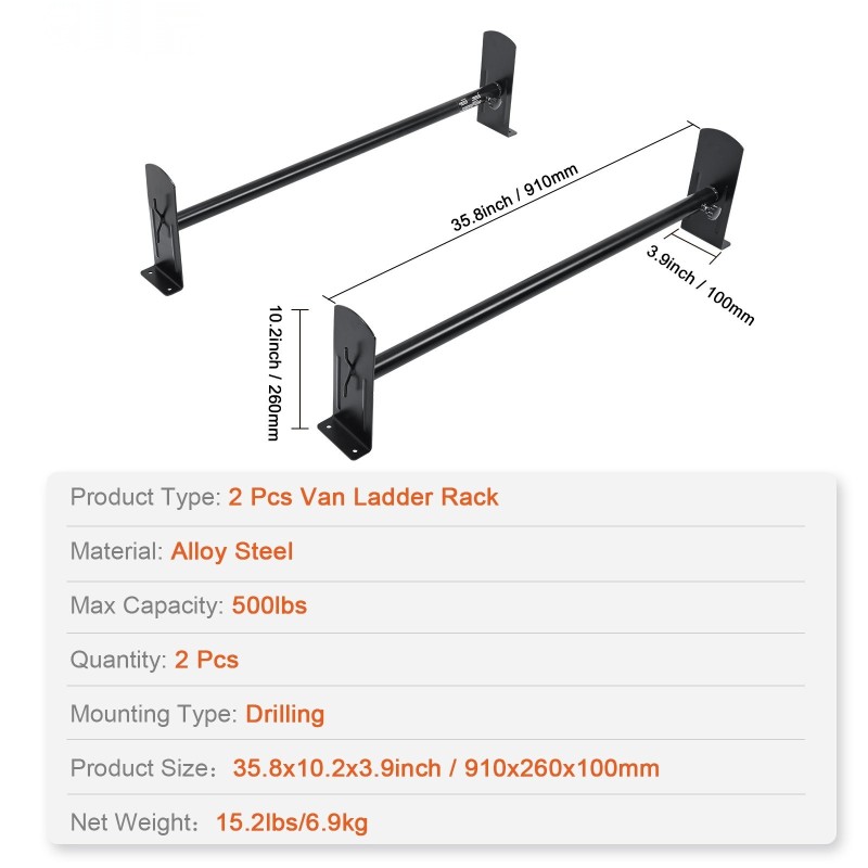 Pakettiauton kattotelineet tikkaiden kuljetukseen seosteräksiset galvanoidut 2 poikkipalkilla 910–1330 mm 227 kg