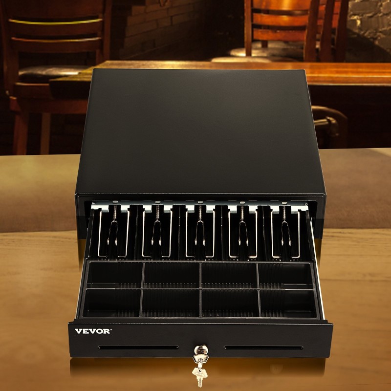 Kassalaatikko teräsrunko muovinen lokerikko viisi setelolokeroa kahdeksan kolikkolokeroa avainlukko