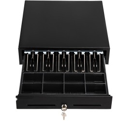 Kassalaatikko teräsrunko muovinen lokerikko viisi setelolokeroa kahdeksan kolikkolokeroa avainlukko