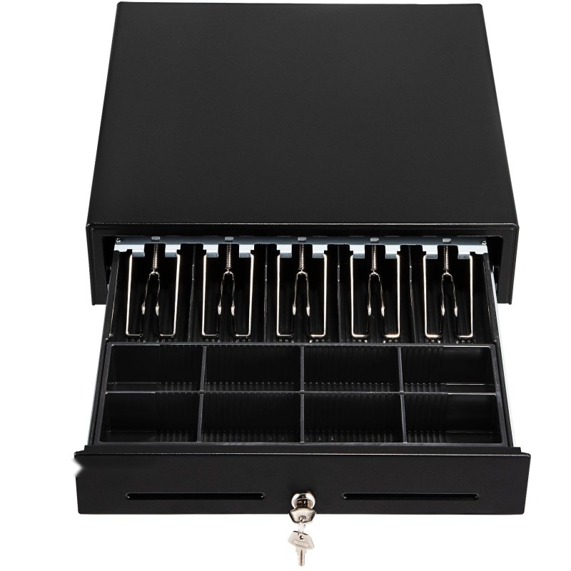 Kassalaatikko teräsrunko muovinen lokerikko viisi setelolokeroa kahdeksan kolikkolokeroa avainlukko