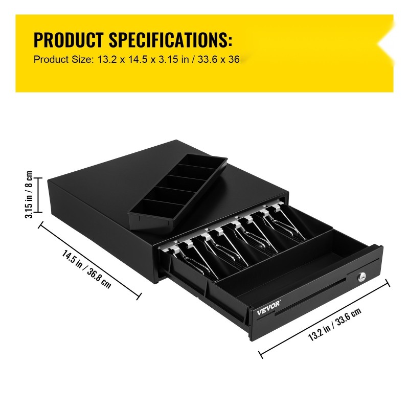 Kassalaatikko teräsrunko 33 cm 12 V 4 setelilokeroa 5 kolikkolokeroa avainlukolla
