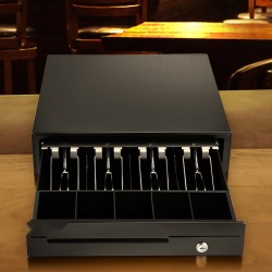 Kassalaatikko teräsrunko 33 cm 12 V 4 setelilokeroa 5 kolikkolokeroa avainlukolla