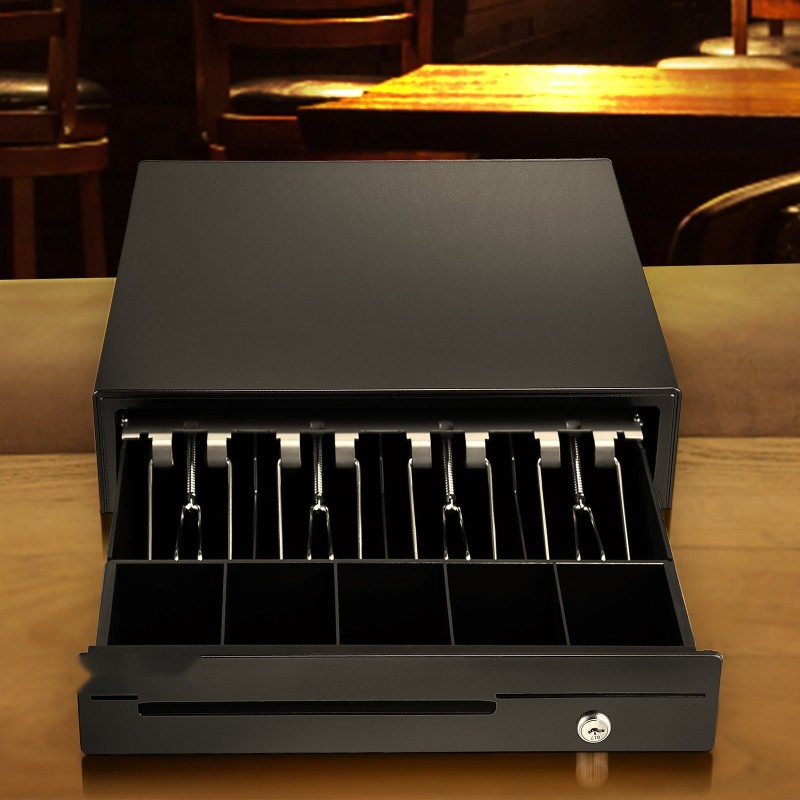 Kassalaatikko teräsrunko 33 cm 12 V 4 setelilokeroa 5 kolikkolokeroa avainlukolla