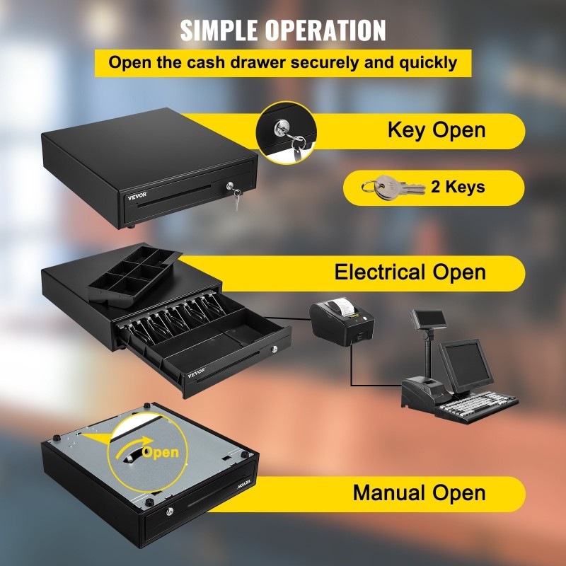 Kassalipas teräsrunko muovilokero kahdentoista voltin viisi setelilokeroa kuusi irrotettavaa kolikkolokeroa avainlukko