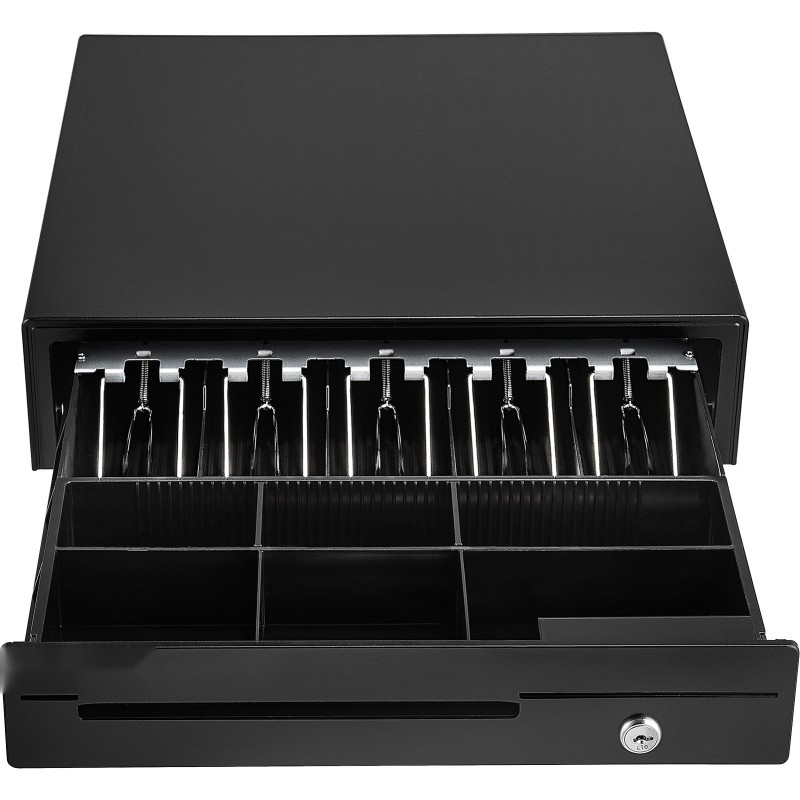 Kassalipas teräsrunko muovilokero kahdentoista voltin viisi setelilokeroa kuusi irrotettavaa kolikkolokeroa avainlukko