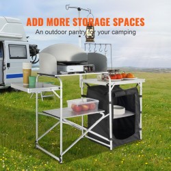 Taitettava retkikeittiöpöytä alumiini- ja rautarunkoinen MDF-levyinen yhden kaapin kolmelta sivulta tuulensuojalla