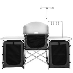 Taitettava retkikeittiöpöytä alumiini rauta MDF kolme kaappia irrotettava tuulisuoja kantolaukku musta