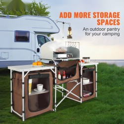 Taittuva retkikeittiöpöytä alumiinirunko MDF-levy kolme kaappia irrotettava tuulensuoja kuljetuslaukku