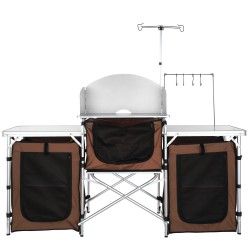 Taittuva retkikeittiöpöytä alumiinirunko MDF-levy kolme kaappia irrotettava tuulensuoja kuljetuslaukku