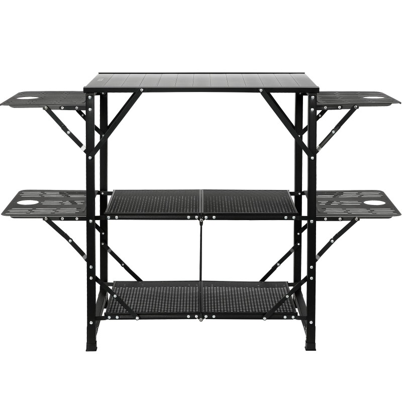 Taitettava retkikeittiöpöytä yhdestä osasta alumiini ja rautarunko kantolaukulla 4 sivupöytää 2 hyllyä