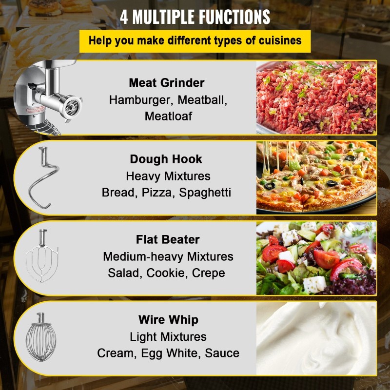 Ammattikäyttöinen sekoitinkone 20Qt ruostumaton teräskulho 1100W sisäänrakennettu lihamylly 3 säädettävää nopeutta leipomoihin