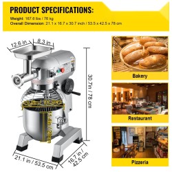 Ammattikäyttöinen sekoitinkone 20Qt ruostumaton teräskulho 1100W sisäänrakennettu lihamylly 3 säädettävää nopeutta leipomoihin