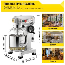 Kaupallinen yleiskone 30Qt 1100W ruostumaton teräskulho 3 säädettävää nopeutta 3 sekoitinta