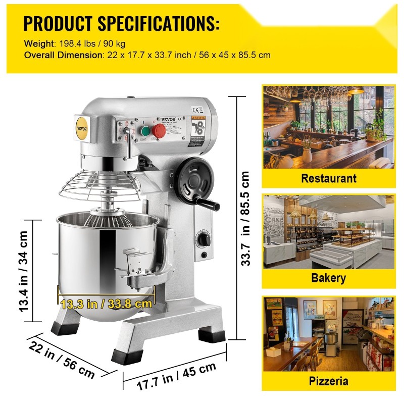 Kaupallinen yleiskone 30Qt 1100W ruostumaton teräskulho 3 säädettävää nopeutta 3 sekoitinta