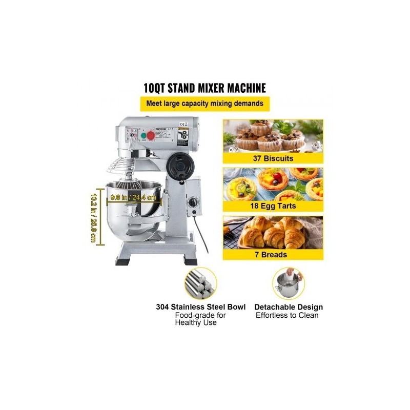 Yleiskone 10Qt 304-ruostumaton teräskulho 450W 3 nopeutta ajastin