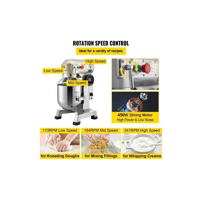 Yleiskone 10Qt 304-ruostumaton teräskulho 450W 3 nopeutta ajastin