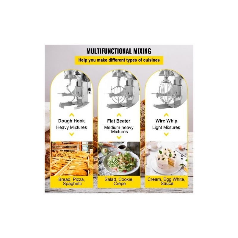 Yleiskone 10Qt 304-ruostumaton teräskulho 450W 3 nopeutta ajastin