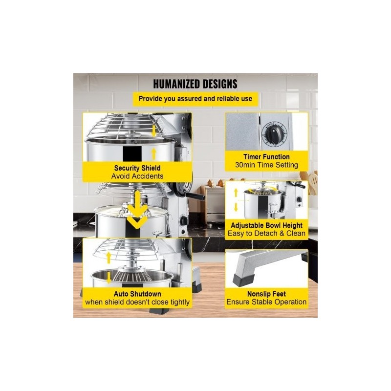 Yleiskone 10Qt 304-ruostumaton teräskulho 450W 3 nopeutta ajastin