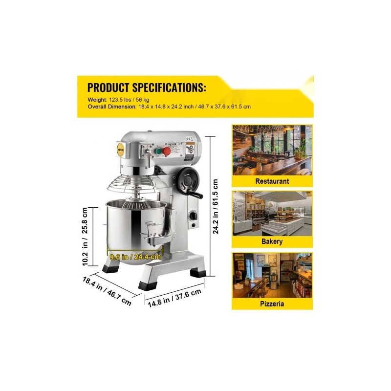 Yleiskone 10Qt 304-ruostumaton teräskulho 450W 3 nopeutta ajastin