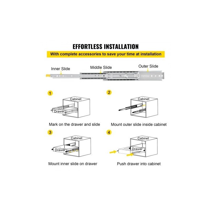 Laatikkokiskot kylmävalssattu sinkitty teräs 91,4cm 3-osaiset täysi ulosveto 227kg pari lukituksella