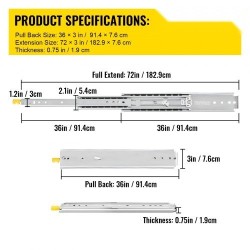 Laatikkokiskot kylmävalssattu sinkitty teräs 91,4cm 3-osaiset täysi ulosveto 227kg pari lukituksella