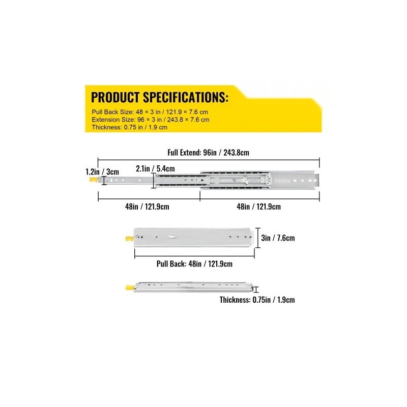 Teräksiset laatikkokiskot 121,9 cm 2 kpl 227 kg kolmiosainen täysulosveto