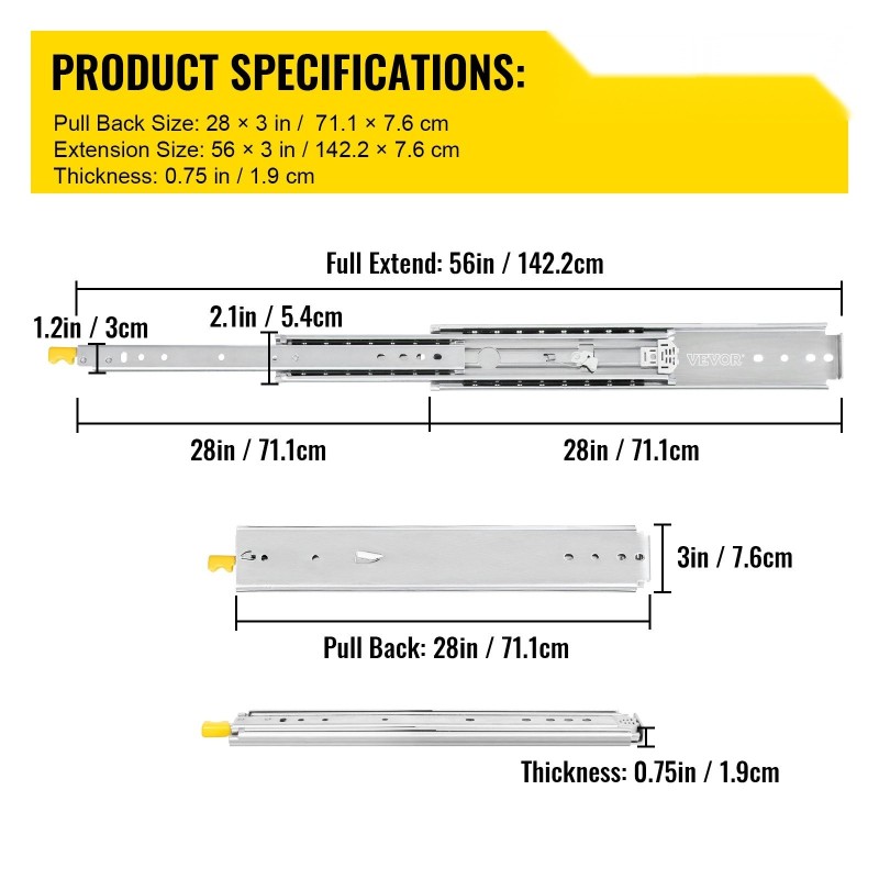Teleskooppikiskot kylmävalssattua terästä 71,1 cm 2 kpl kolmiosainen täysilaajennus lukolla