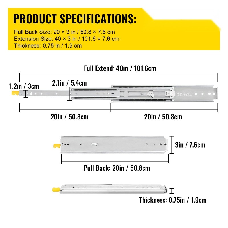 Laatikkokiskot kylmävalssattua terästä 50,8 cm 2 kpl 3-osaiset täysulosvedettävät lukittavat sivukiinnitteiset