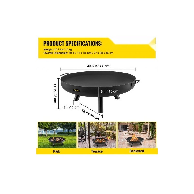 Tulipesäkulho musta maalattu hiiliteräs 77 cm halkaisija 15 cm syvä kantokahvoilla