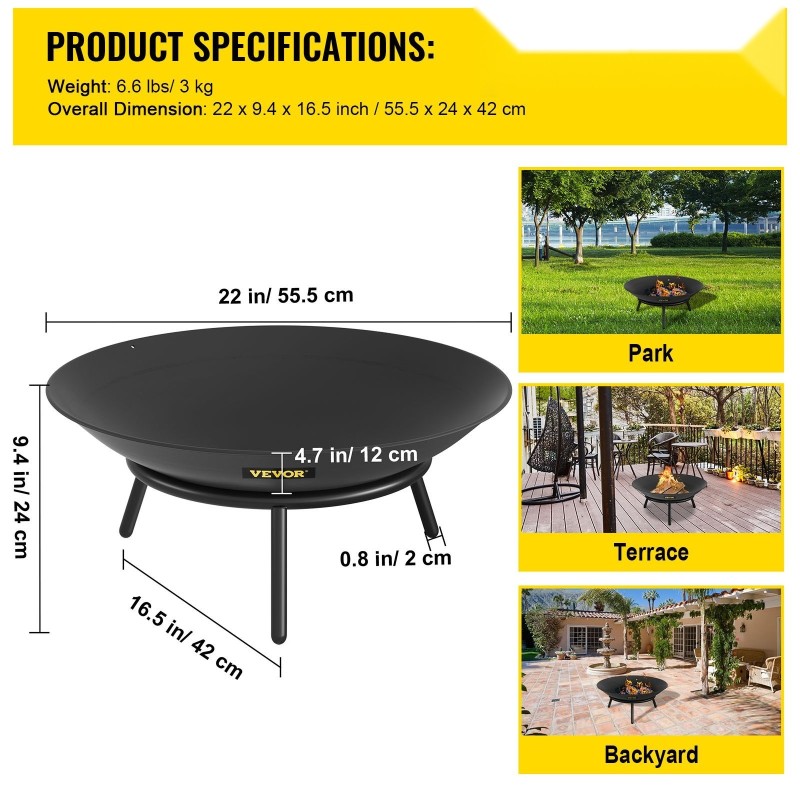 Tulikulho mustaksi maalattu hiiliteräs 55,5 cm halkaisija 12 cm syvä ulkokäyttöön