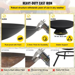 Tulikulho mustaksi maalattu valurauta 76 cm 3,5 mm paksu jalustalla mukana keppi